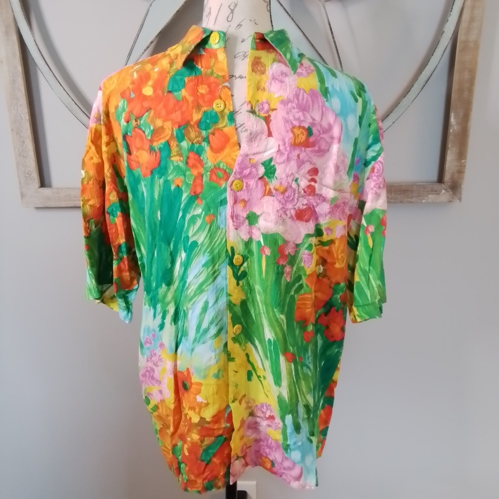 Vintage Jams World Retro Rayon Bouquet Burst SS Button Down Shirt - M - Picture 3 of 13